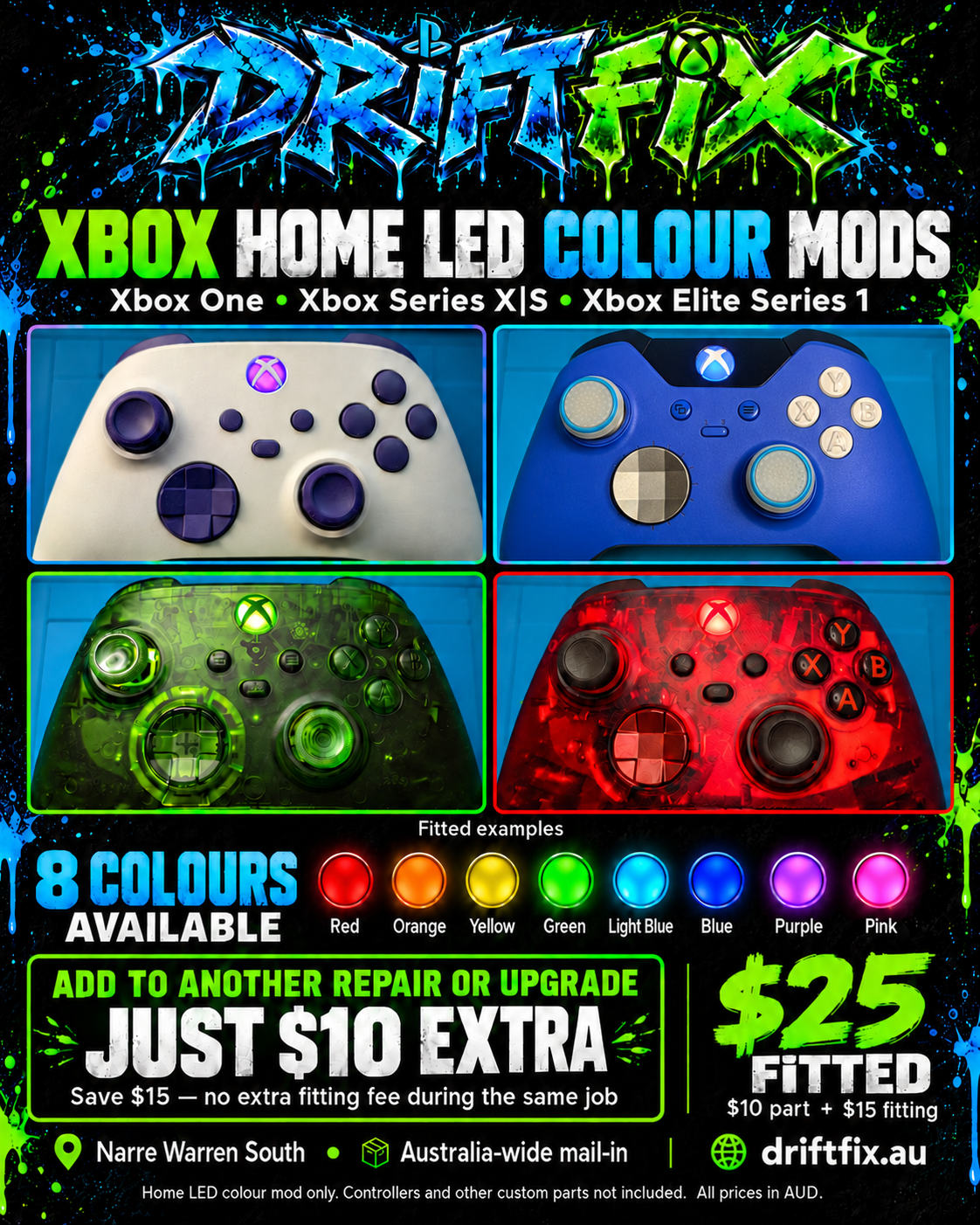 Real fitted Xbox Home LED colour examples. Eight colours; $25 fitted alone or $10 extra during another repair or upgrade.
